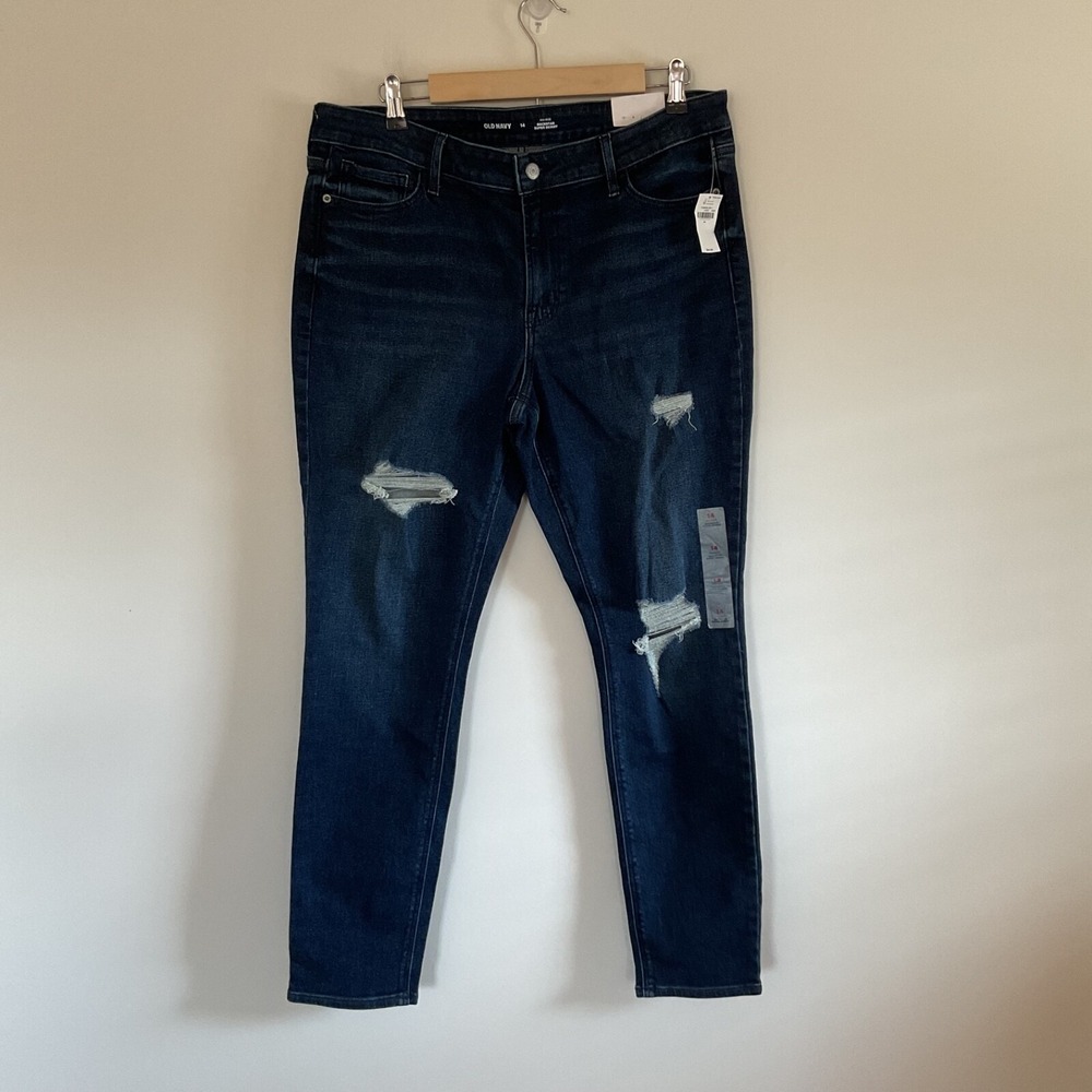 NWT Old Navy Rockstar Mid-Rise Super Skinny Ripped Jeans Sz 14 Blue Amyris